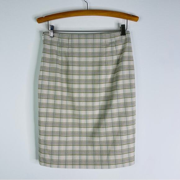 Ann Taylor green cream plaid high waisted pencil office midi skirt 2 - Picture 7 of 7